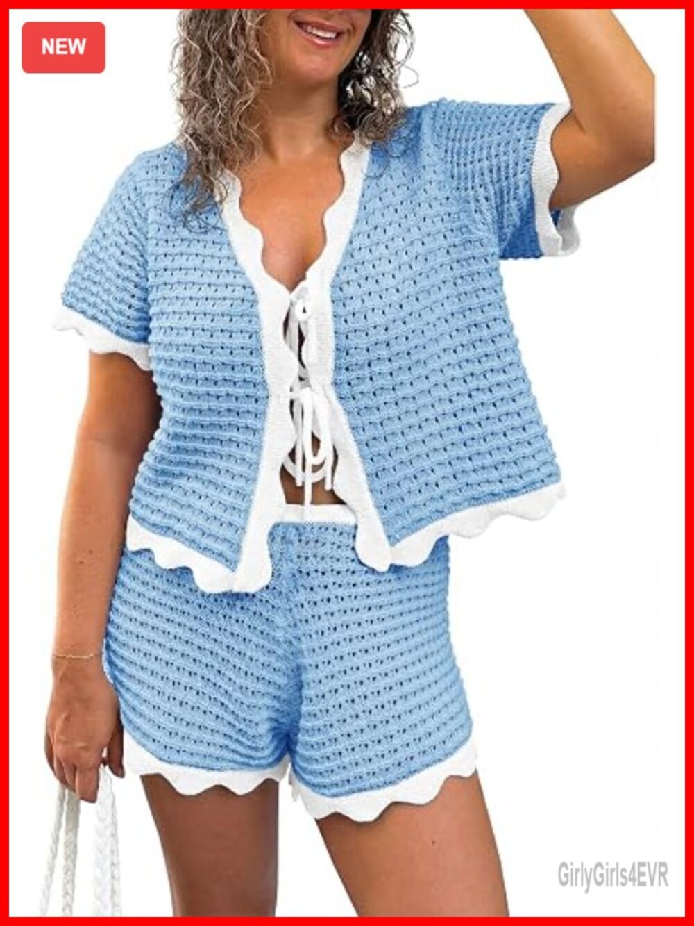 2 Piece Swimsuit Crochet Cover Up Short Sleeve Top Tie Front Shorts Set Summer
